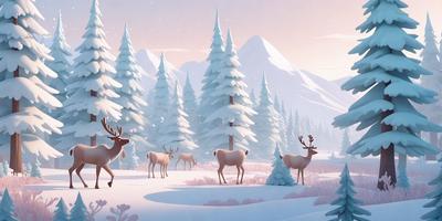 Primary subject: Deer
Setting/background: Snowy mountain with pine trees
Visual style: Digital art
Colors and mood: White snow, pine trees, and deer in a snowy environment.